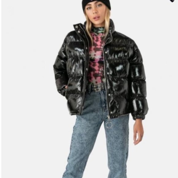 Adika Black Glossy Shiny Vinyl Reagan Puffy Jacket - S/M - Picture 9 of 10